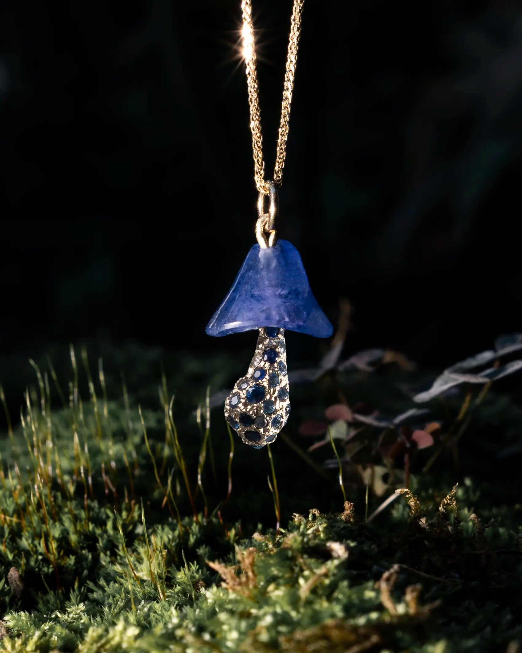 Tanzanite and sapphire mushroom necklace in 14k gold by Martina Kocianova